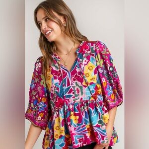 Umgee Full Size Floral Print Tie Neck Peplum Blouse Plus Size